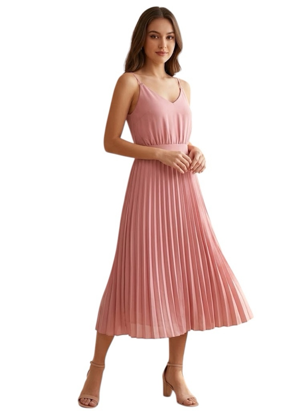 NEW Solid Pink V-neck Pleated Spaghetti Strap Fit and Flare Midi Dress